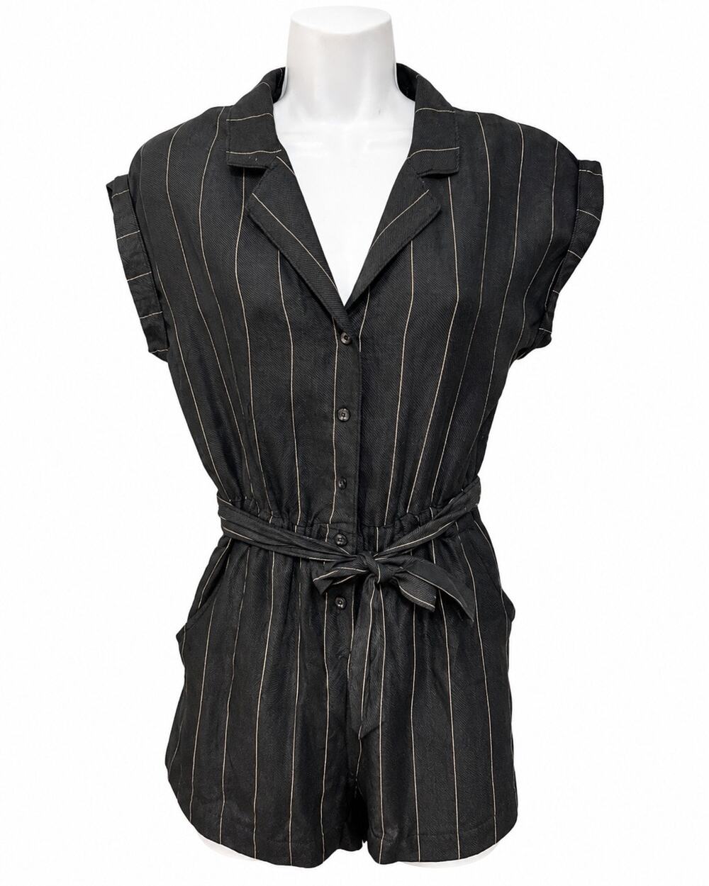 David Lerner NWT Black Pinstripe Belted Collared Romper Size S Button Front